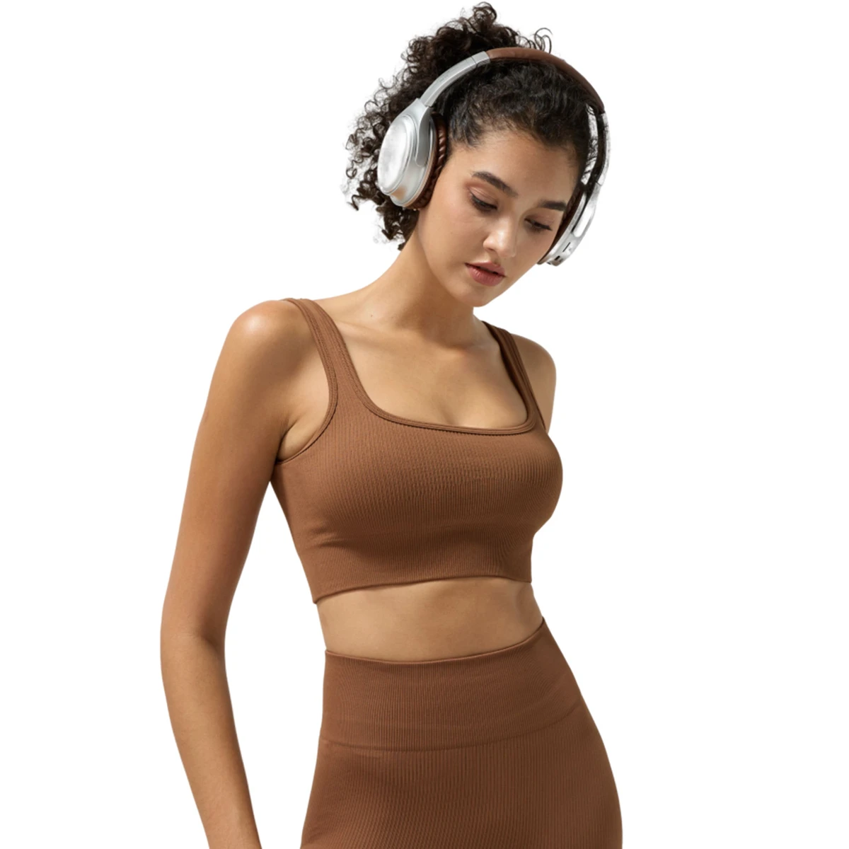Women's Ribbed Square Neck High Support Wide Strap Athletic Bralette Sports Bra Seamless U-Back Padded Workout U-back Gym Top