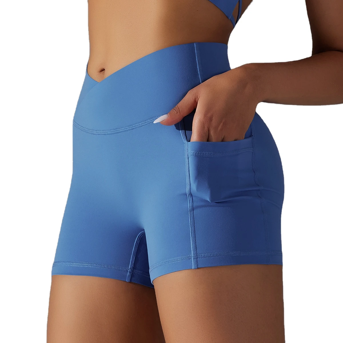 Premium Quality Polyester/Spandex High Rise Crossover Waist Side Pockets Women's Yoga Compression Shorts Quick Dry Pattern