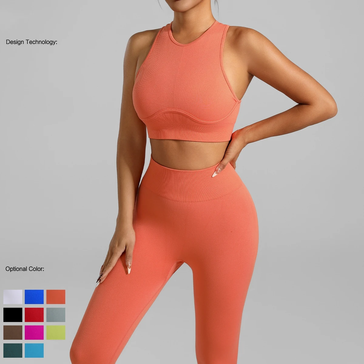 Custom Logo 2pcs Yoga Sets for Women Seamless High Waist Butt Scrunch Workout Leggings Sports Bra Set