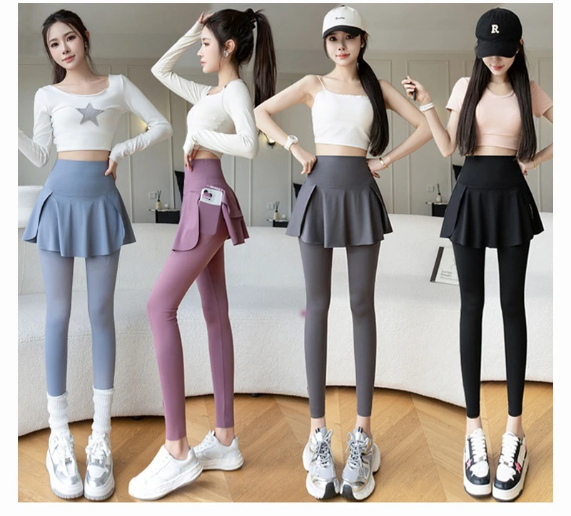 New Women's Plus Size High Waist Ankle-Length Two-Piece Skirt Pants with Pockets Sports Yoga Leggings Outer Wear Leggings