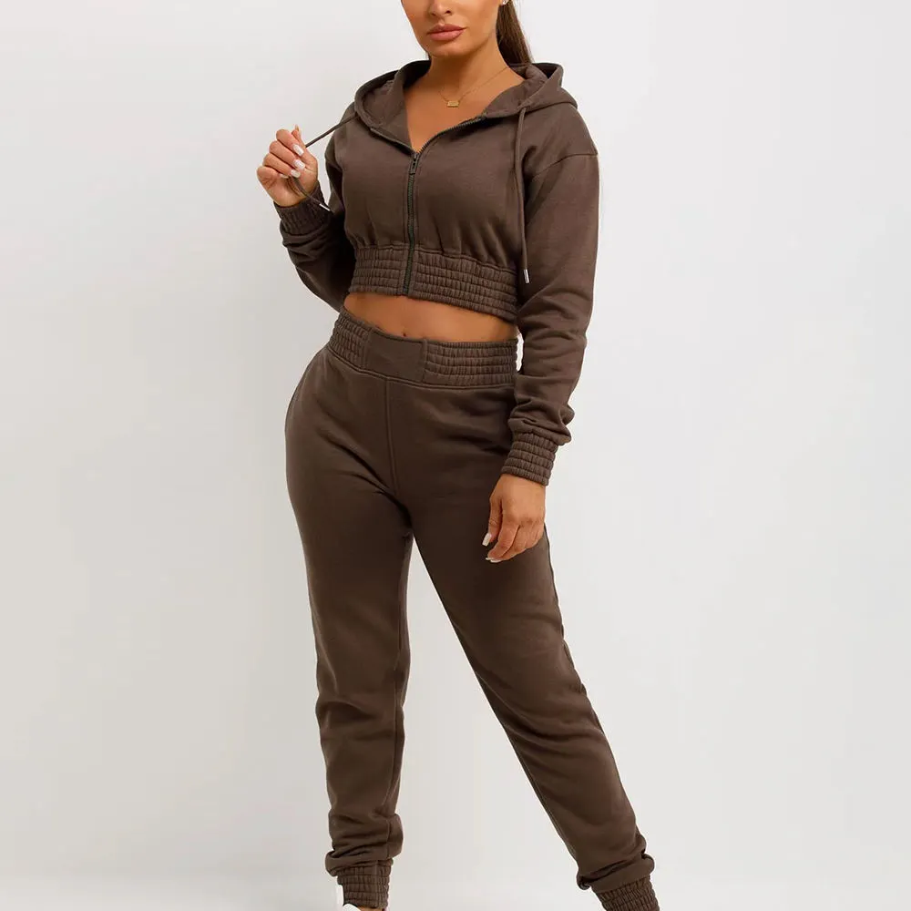 Women's Vintage Sporty Crop Track Suit Set for Workouts Yoga & Casual Outfits Trendy Hoodie & Pants 2 Pcs Cotton