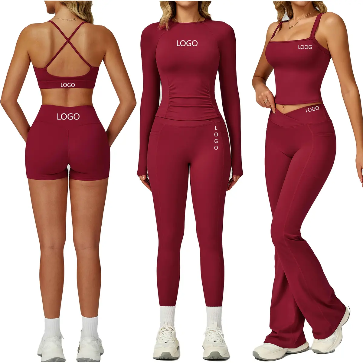 Gym High Waist V-shaped 5 Pieces Set Breathable Active Wears Quick Dry Yoga Set for Women Pockets Front Logo Four-Way Stretch