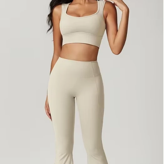 Custom Wholesale Women Backless Sports Bra Flared Leggings Two Piece Workout Set Quick Dry Breathable Solid Patterned Gym Yoga