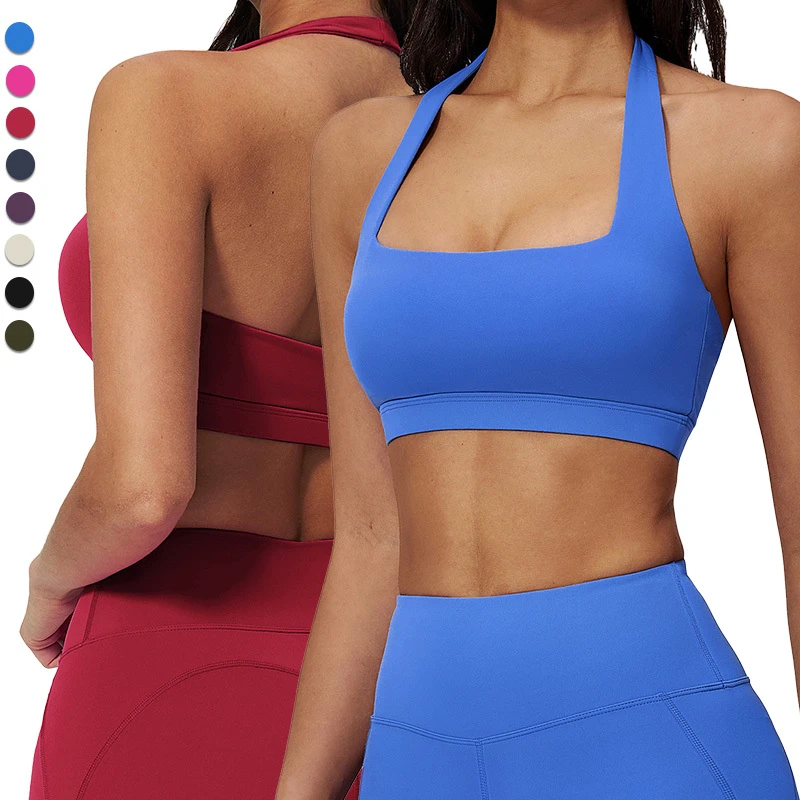 EWX3091-1 Summer Square Neck Hang Sports Bra Padding Sexy Hollow Back High Intensity Workout Four Way Stretch Yoga Bra