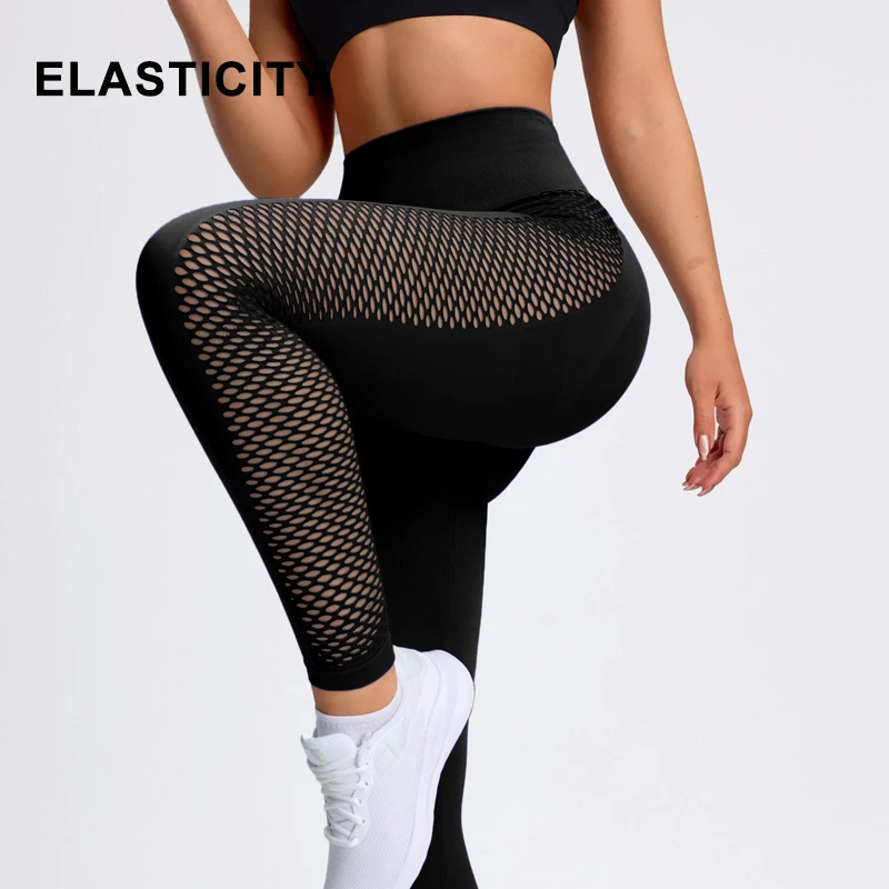 Seamless Cut Out Yoga Leggings High Waist Mesh Hole Tummy Control Breathable Hollow Fitness Gym Pants for Women