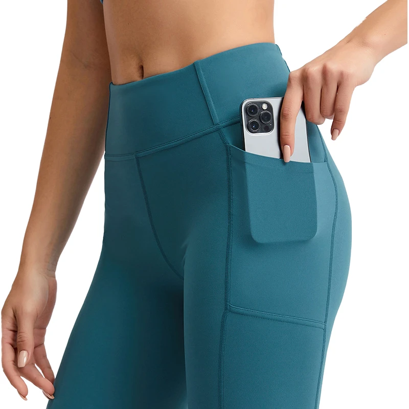 GS0001 Women's High Waist Yoga Pocket Pant Plus XXS Slim Fit Seamless Breathable Knee-Length Bermuda Short Leggings Peach