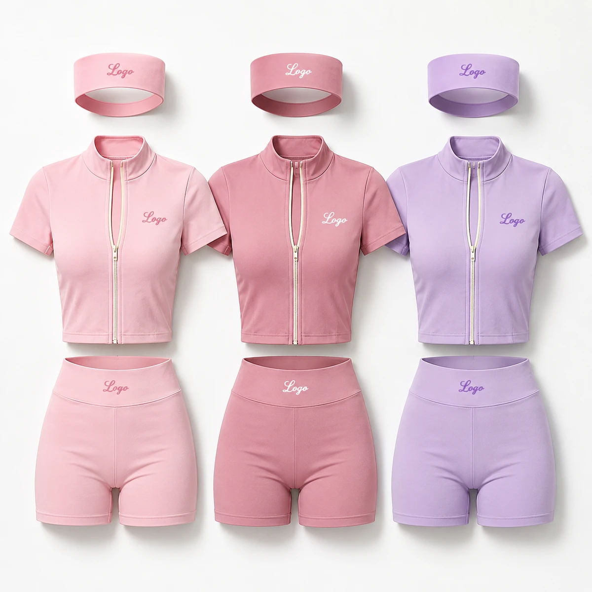Custom Yoga Fitness 3 Piece Shorts Set Clothes Women Workout Sets Zip Up Short Sleeve Jacket And Shorts Tracksuit For Women