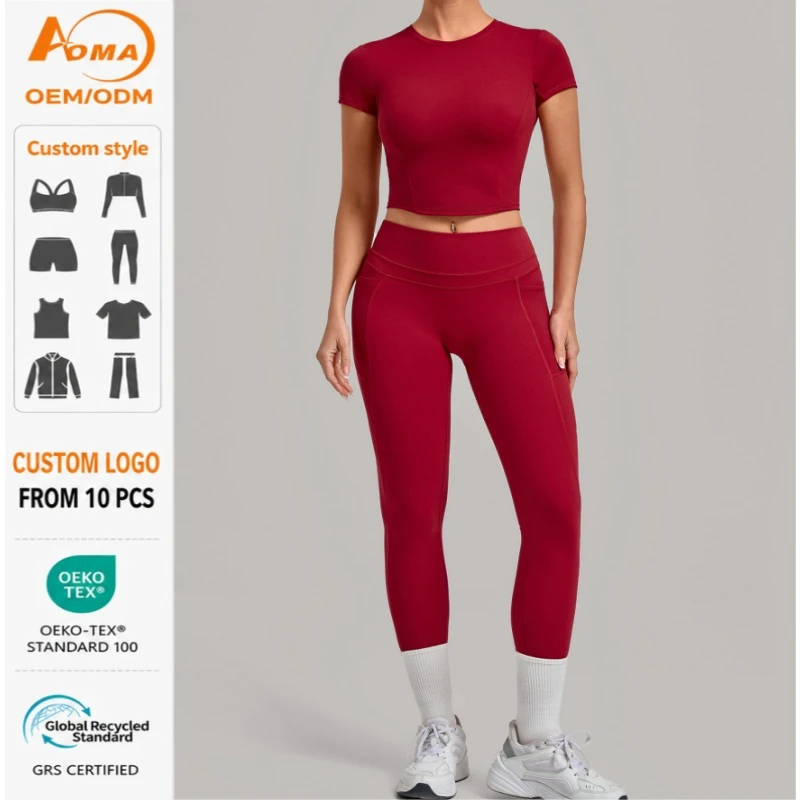 Aoyema High Elastic Short Sleeve Long Pants Sports Set Butt-Lifting Outdoor Women Fitness Wear Quick-Dry Yoga Two-Piece Set