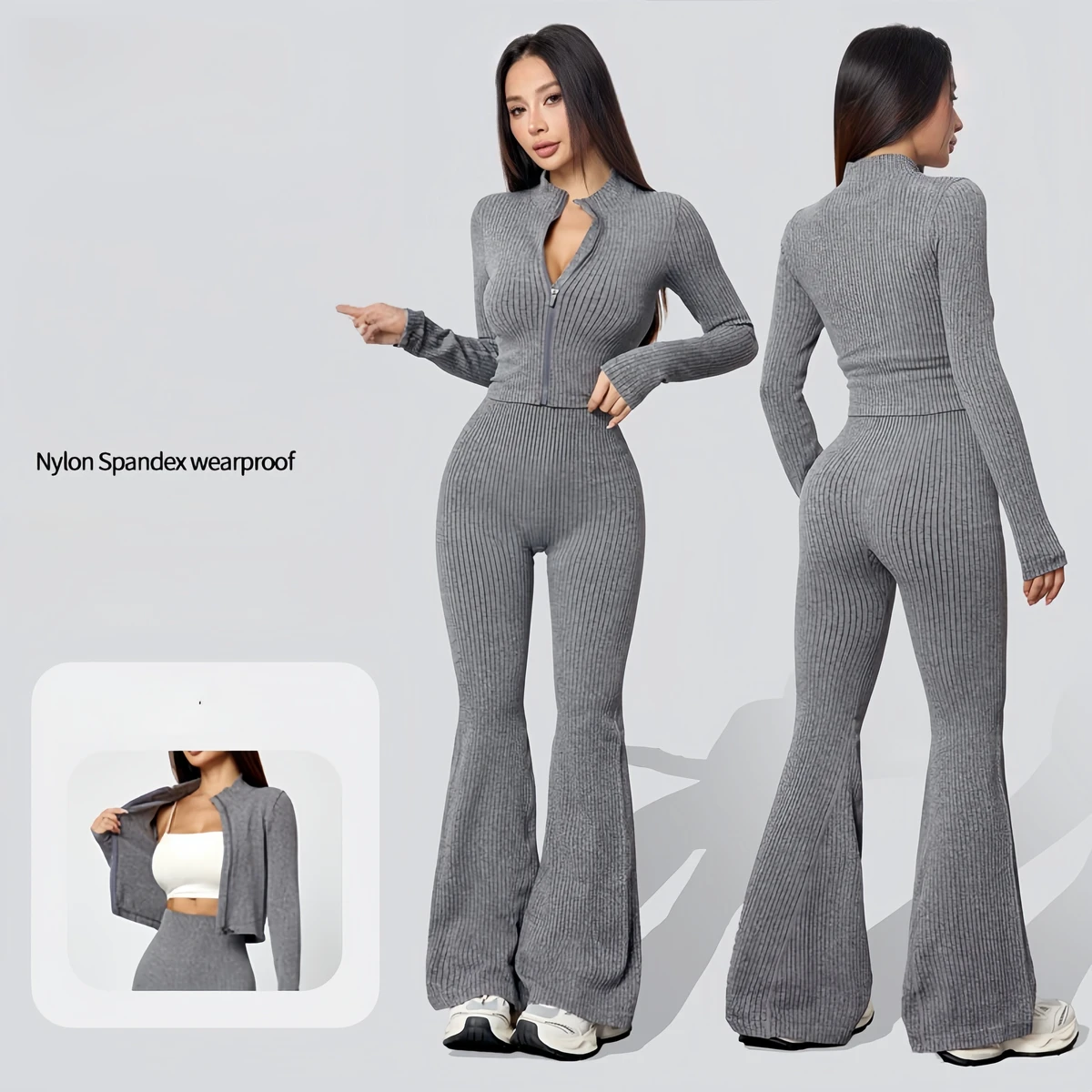 Ribbed Full-Zip Cropped Jacket Flare Pants 2 Pieces Yoga Set for Women Wear-proof Fitness Tracksuit with Thumbholes