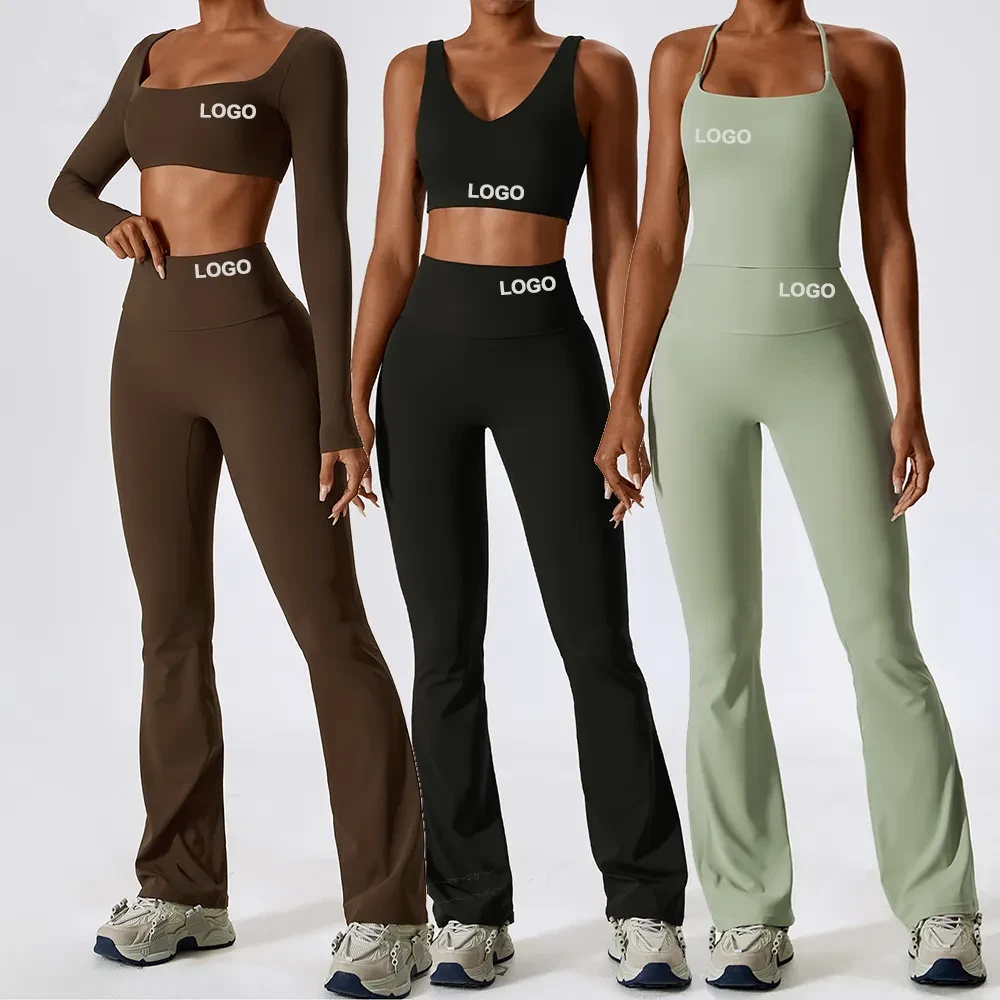 Yoga Wear Factory Custom Logo Women Pilates Sportswear Workout Sets Fitness Crop Top Butt Scrunch Leggings Flare Yoga Pants Set