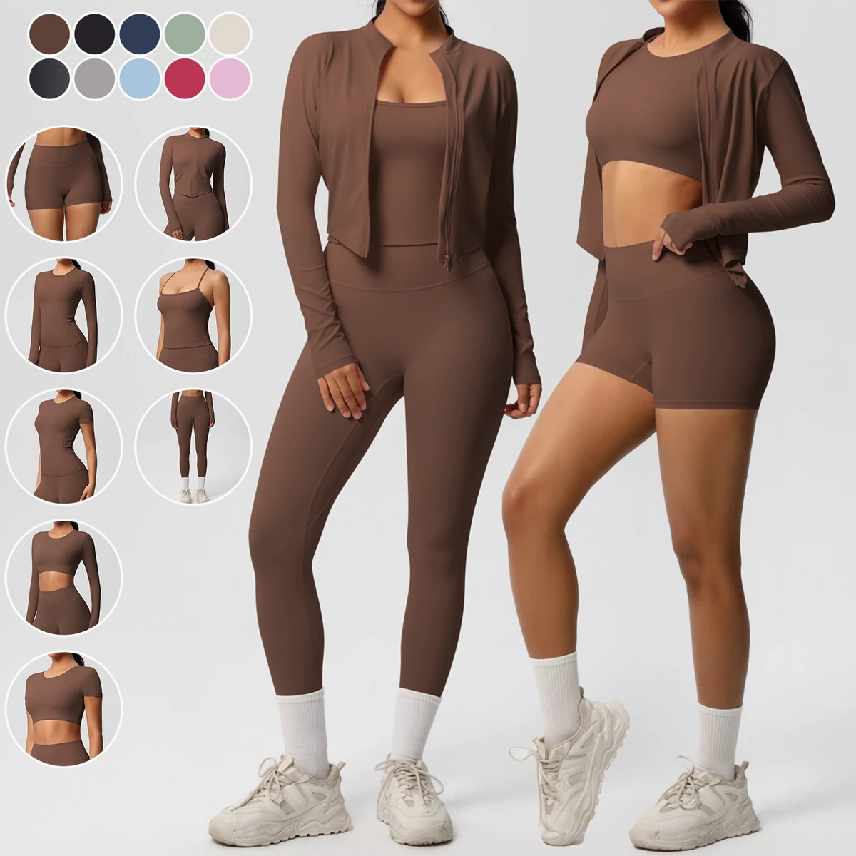 Women's Double Sided Brushed Tight Fitting Breathable Yoga Training Suit 8-Piece Set Sports Running Seamless Fitness Suit