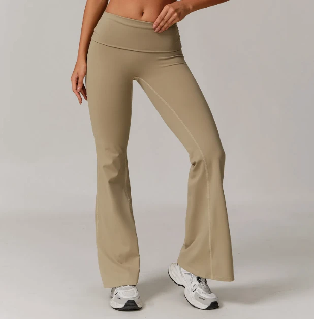 Custom Logo Solid High Waist Elastic Waist Quick Dry Seamless Hip Lifting Yoga Leggings Tight Wide Leg Flared Women Gym Sports
