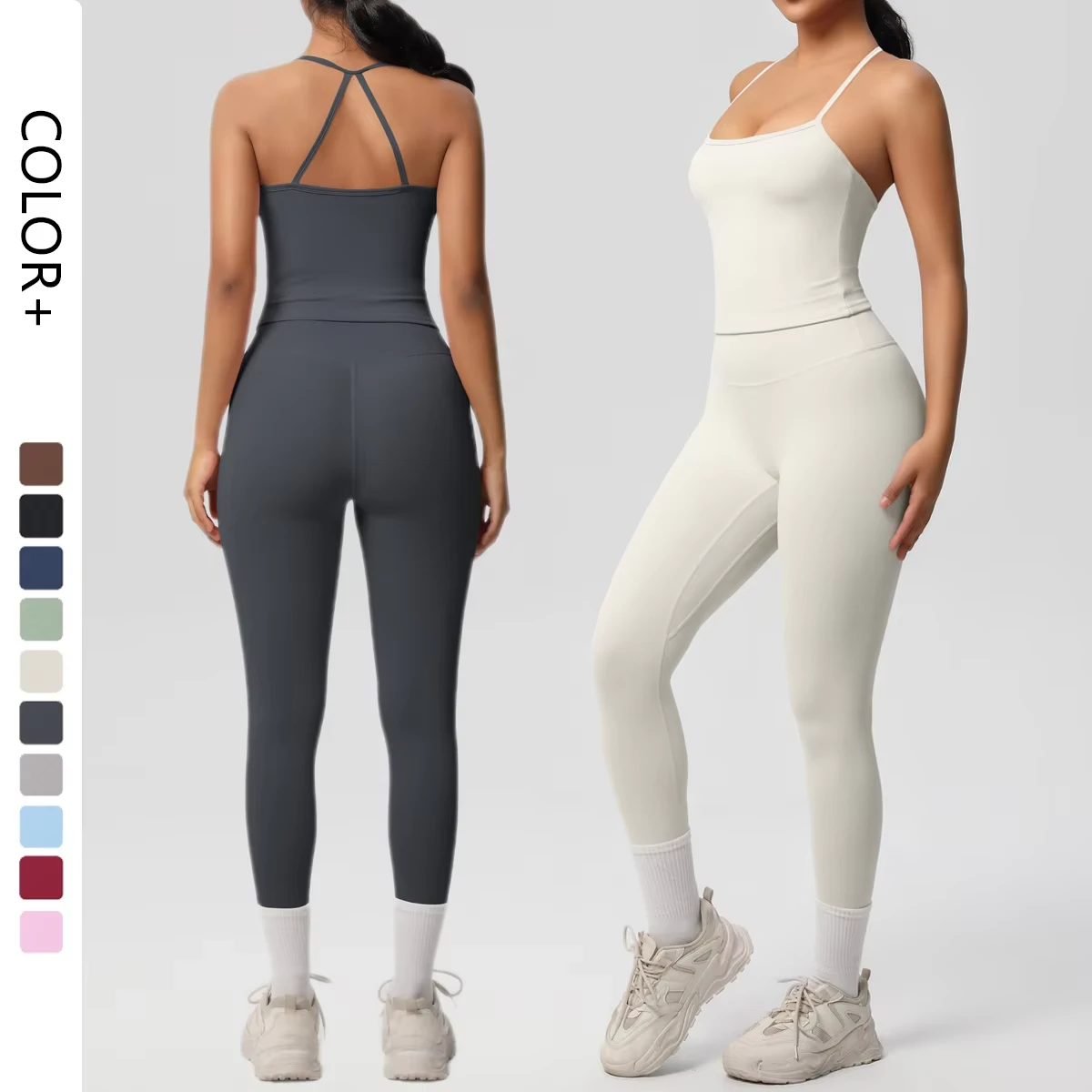 Sports Activewear Solid Backless Bra Scrunch Butt Yoga Two Piece Breathable High Waist Leggings Gym Fitness Sets
