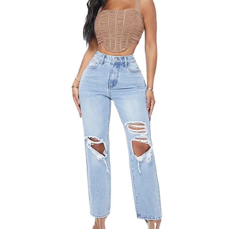 Women's High Waist Straight Leg Distressed Denim Pants Ripped Hole Boyfriend Jeans for Women