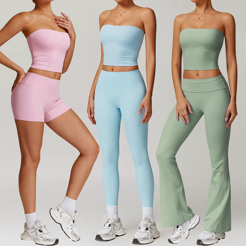 Women's Strapless Yoga Set Removable Padded Sports Bra Breathable Seamless Mid Waist Leggings Workout Outfit Multicolor Yoga Set