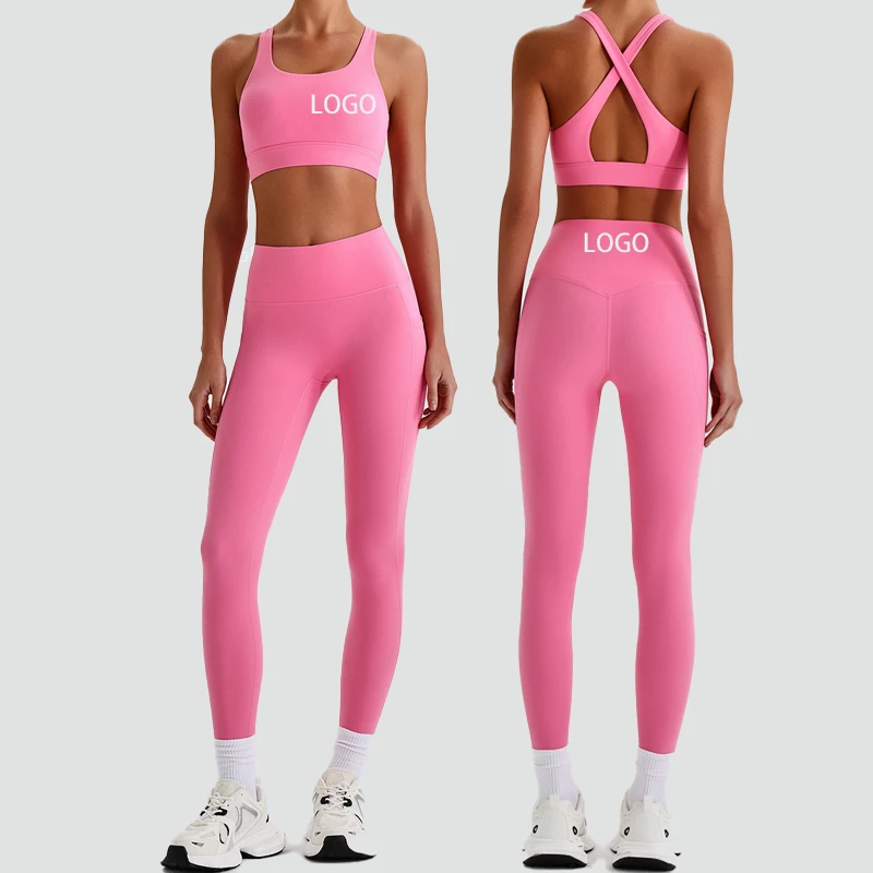 Sexy Crisscross Strap Beautiful Back Bra Solid Color Pocket Pants Breathable 2-Piece Set Spandex/Nylon Fitness Yoga Suit Women