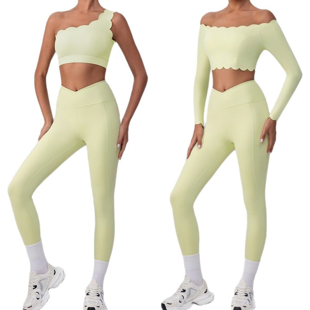 New Solid Breathable Yoga Suit Lace Shoulder Bra Sports Vest Women's Cross High Waist Fitness Pants 2-Piece Set