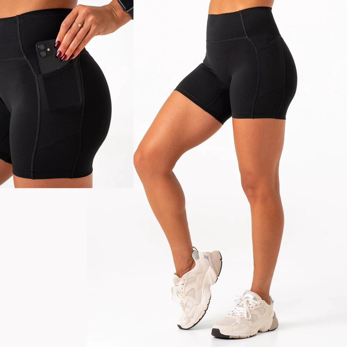 Custom Solid Women's High Waist Butt Lift Yoga Workout Shorts Phone Pockets Breathable Quick Dry Elastic Waist V-Shaped