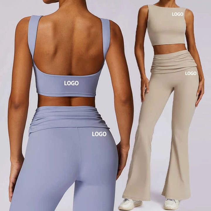 High Quality Women's Yoga Wear Set Quick-Drying Beauty Back Sports Fitness Vest High Waist Wide Legs Flared Pants Solid Front