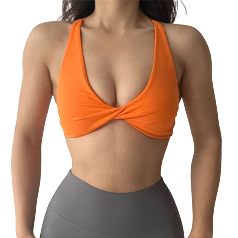 Sexy Gym Front Twist Fitness Padded with Quick Dry Feature Workout Crop Tank Top Sports Bra Women Running Simple V Back Yoga Set