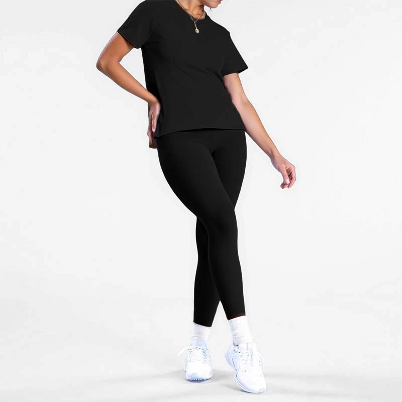 Women's New Two-Piece Yoga Suit Solid Color Short-Sleeved T-Shirt Top and Tight Trousers Fashion Sports Set with Logo on Waist