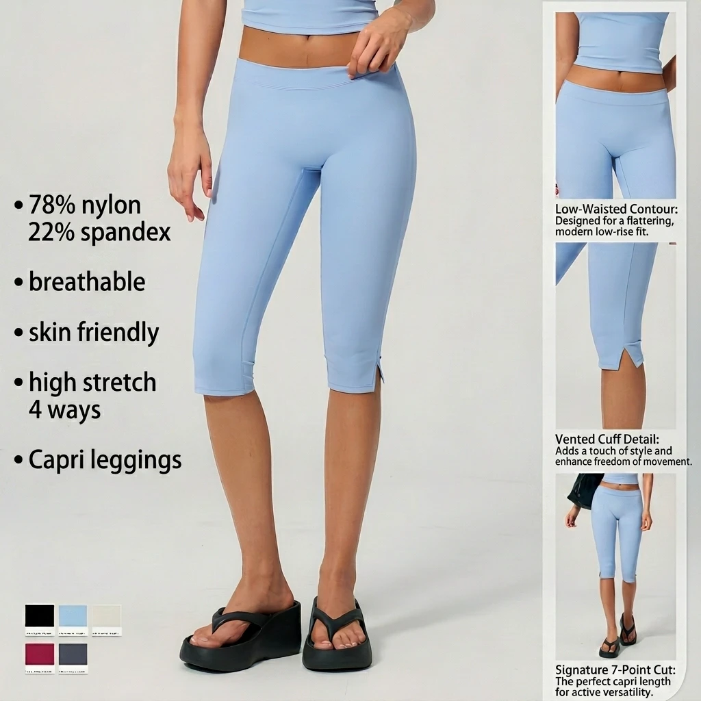 Custom Logo High Waist Solid Spandex/Nylon Capri Leggings Splits Knee Mid Length Tights Yoga Gym Fitness Ropa Deportiva Mujer
