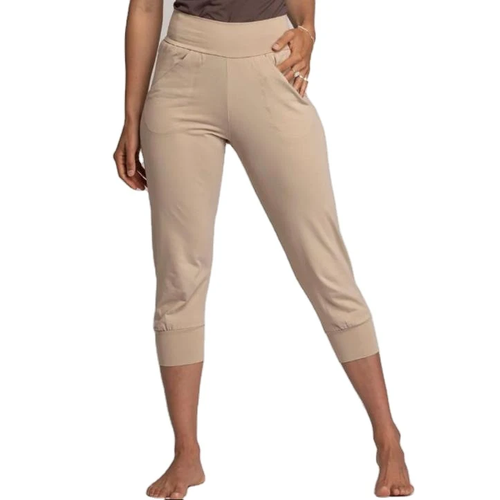 Women Solid Color Cotton Capri Pants High Waisted Elastic Waist Cropped Trousers with Side Pockets for Yoga Casual Wear
