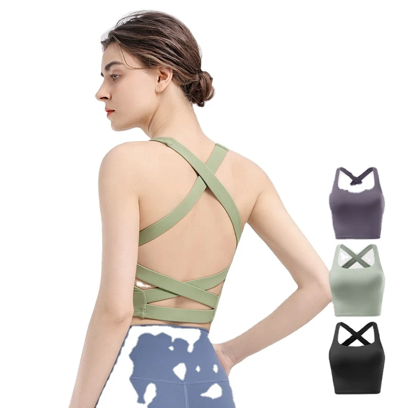 In Stock Lightweight Soft Women Sports Bra U-neck Cross Back Removable Chest Pad Running Bra