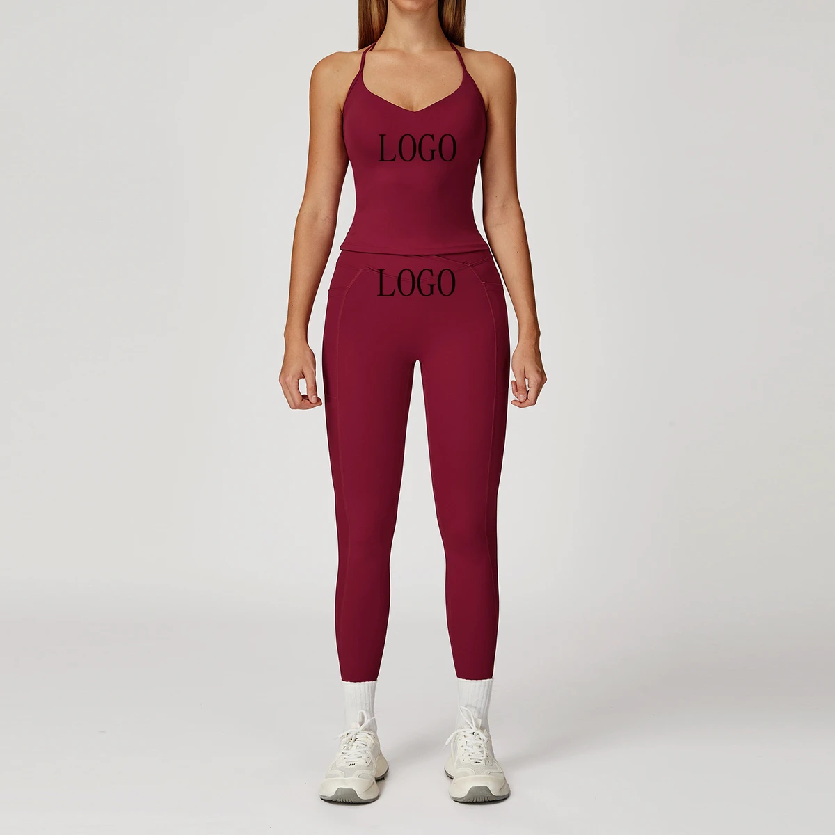 Women's Quick-Drying Yoga Set Breathable Vest Leggings for Running Sports Fitness with Customizable Logo Waist Front Nude Tight