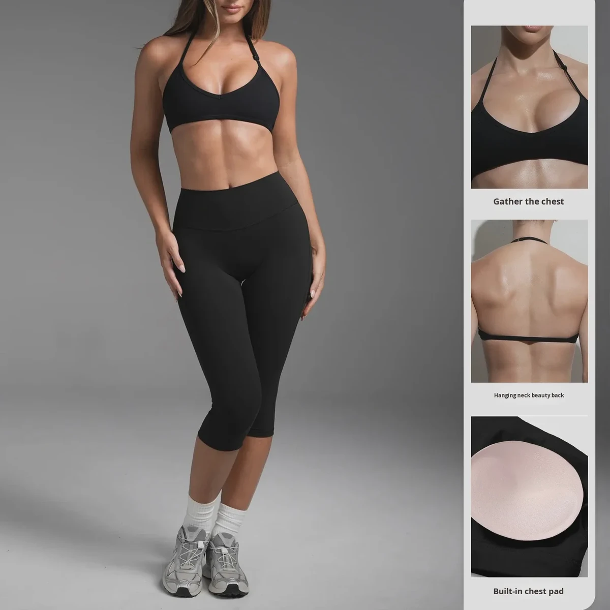 Yan Ruo Solid Halter-neck Elastic Waist Back-and-fit Seven-inch Fitness Pants and Quick-drying 2-Piece Fitness Set