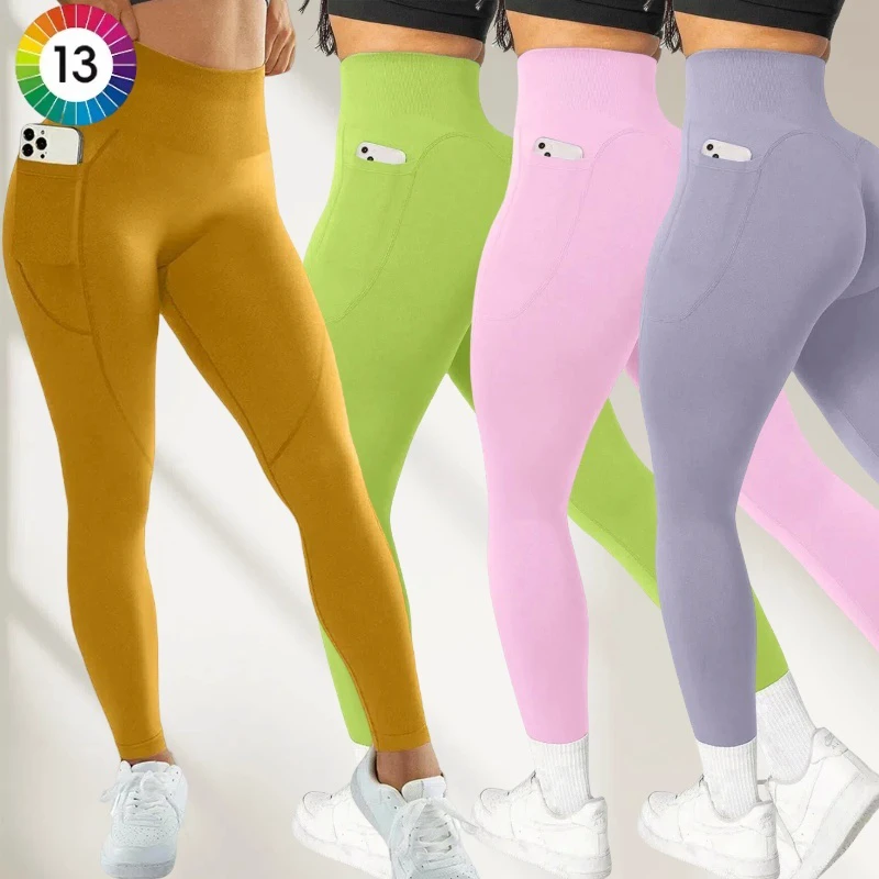 Lady Seamless Push up Tummy Control High Waist Solid Color Yoga Pants Workout Quick Drying Yoga Leggings for Women With Pockets
