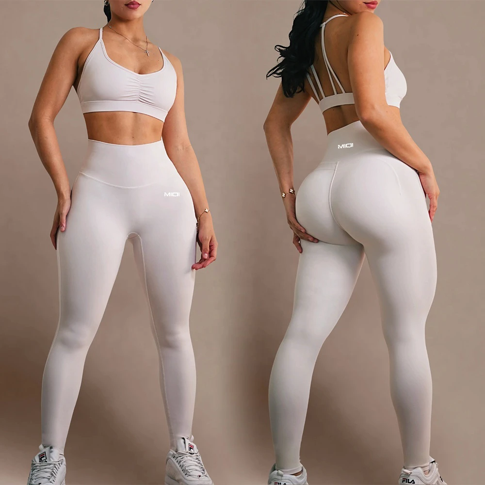 Custom Women High Quality Polyester Sleeveless Solid Scrunch Yoga Leggings Activewear Fitness Top Bra Set with Elastic Waist