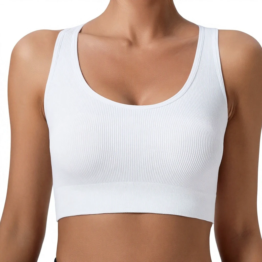 2026 Wholesale Women's White Ribbed Sports Bra U-Neck Breathable Medium Support Yoga Solid Style Fitness Bra