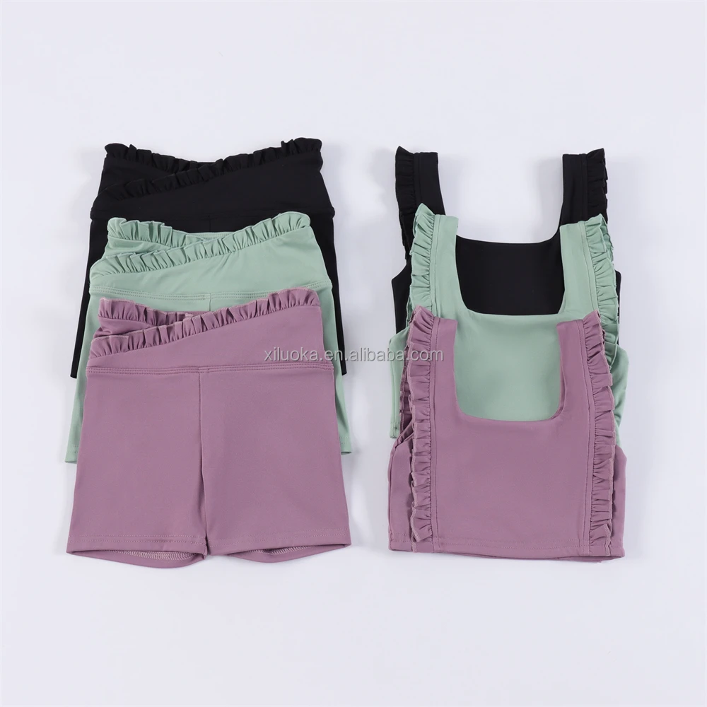 Fashion Custom Size Double Layers Ruffles Design Yoga Boutique Outfits OEM / ODM Athletic Girls Running Gym Clothing Set 2025