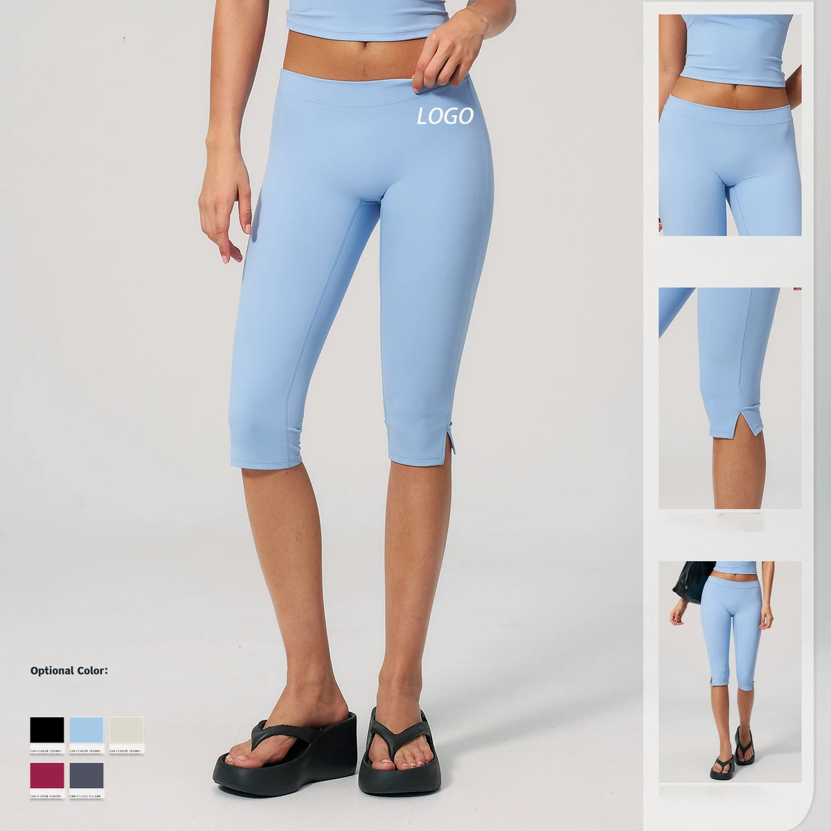 Summer Women's High Waist Capri Leggings Tummy Control Knee-Length Yoga Pants with Side Slit