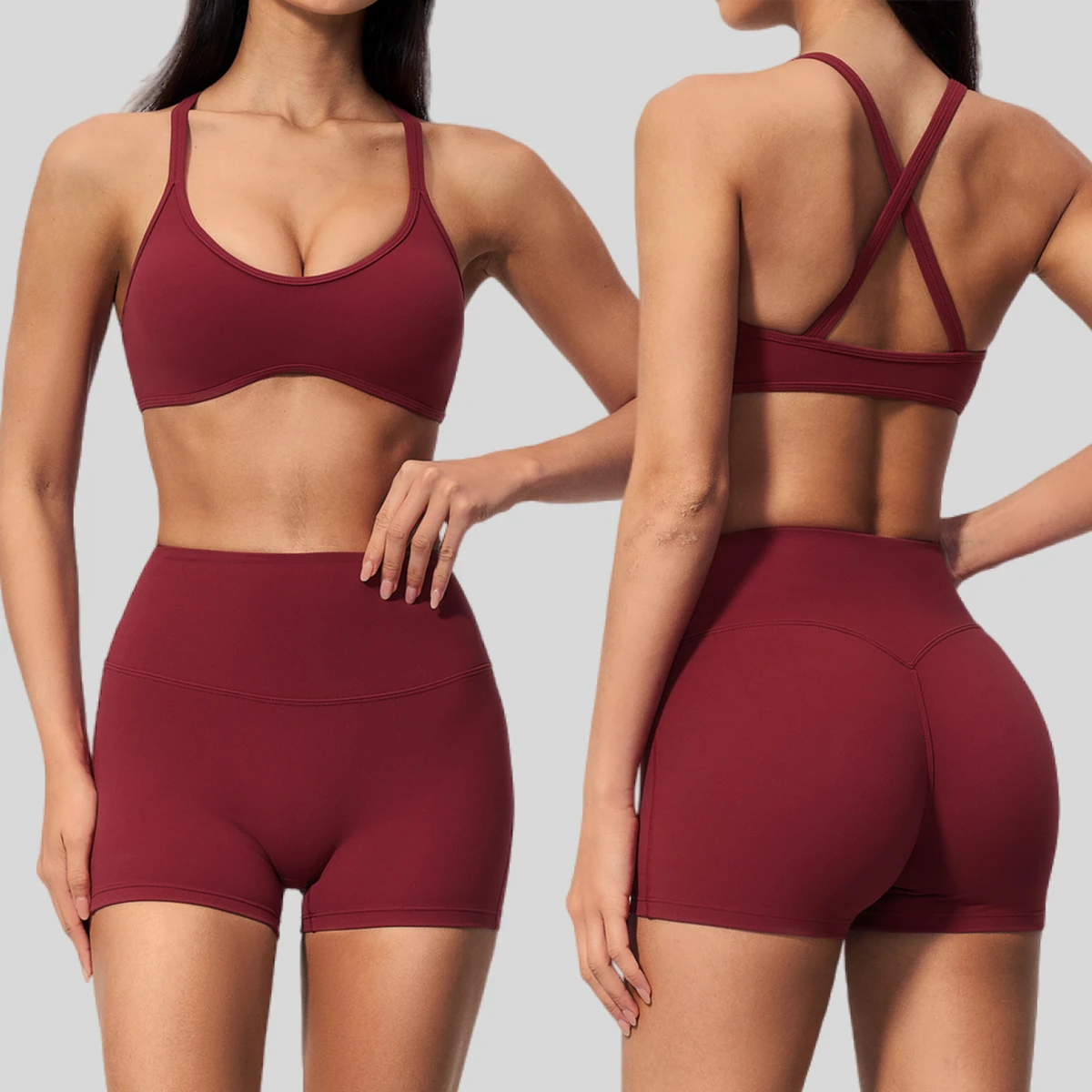 30%Spandex 2 Piece Yoga Matching Set Criss Cross Back Thin Strap Padded Bra Butt Lifting High Waist for Print Shorts Gym