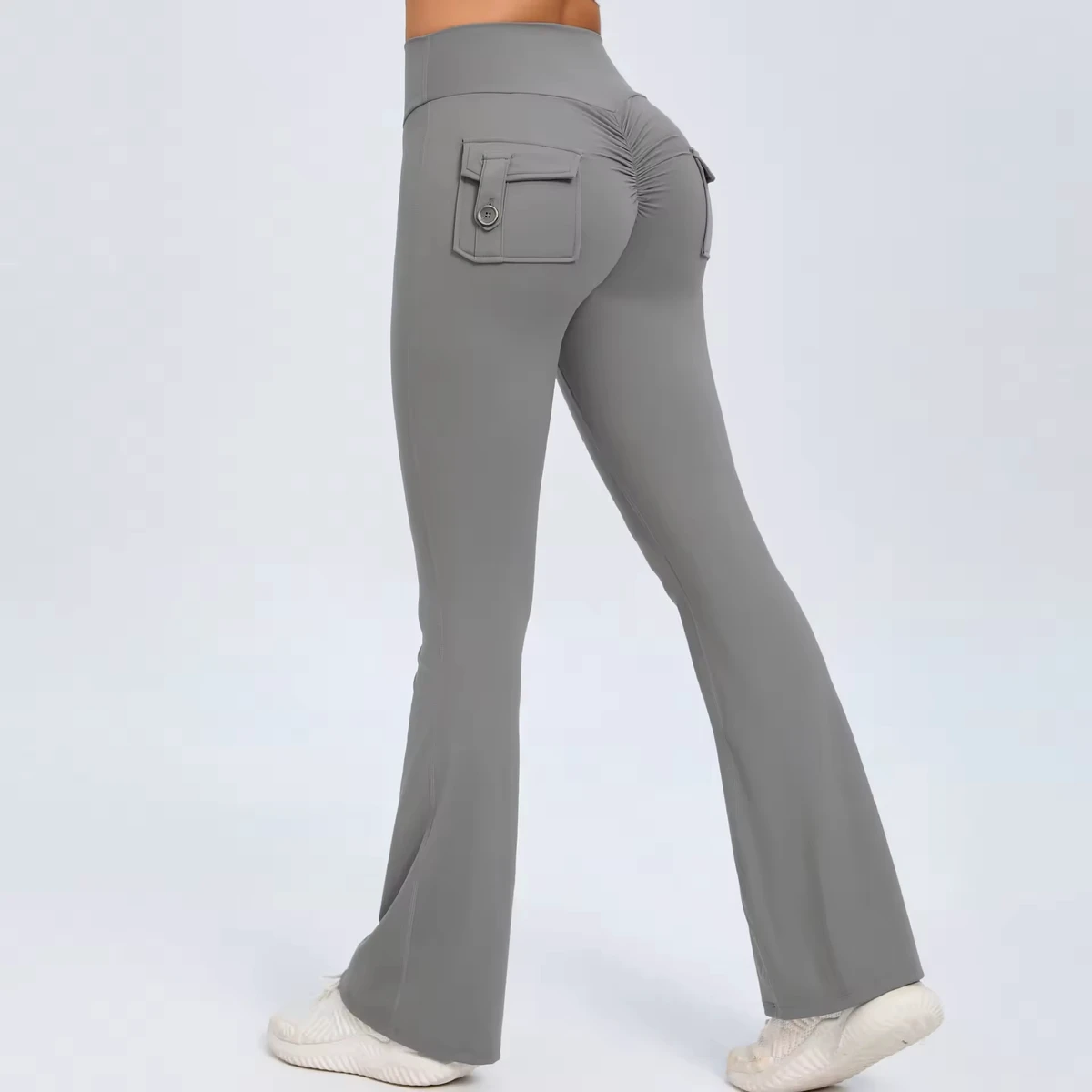 Women's High Waist Scrunch Butt Fitness Yoga Pants Quick Dry Peach Hips Sexy Flared Leggings Elastic Waist Closure Side Pocket