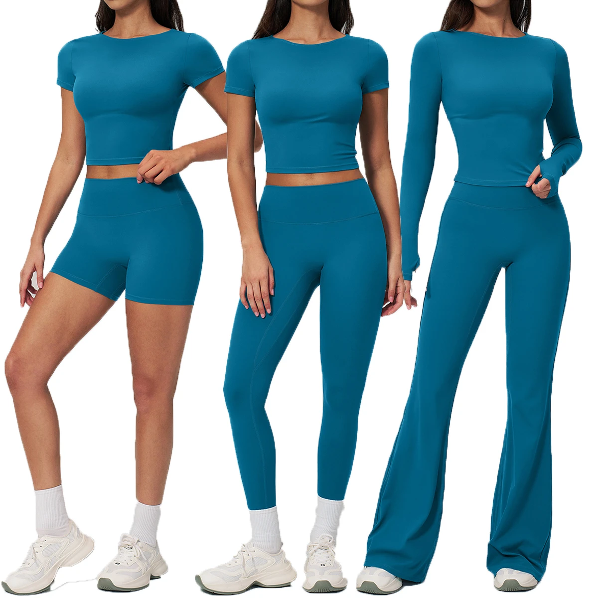 Women's Cropped Tshirts High-Waist Wide Leg Flared Yoga Sports Pants Set Breathable Nylon 2-Piece Set