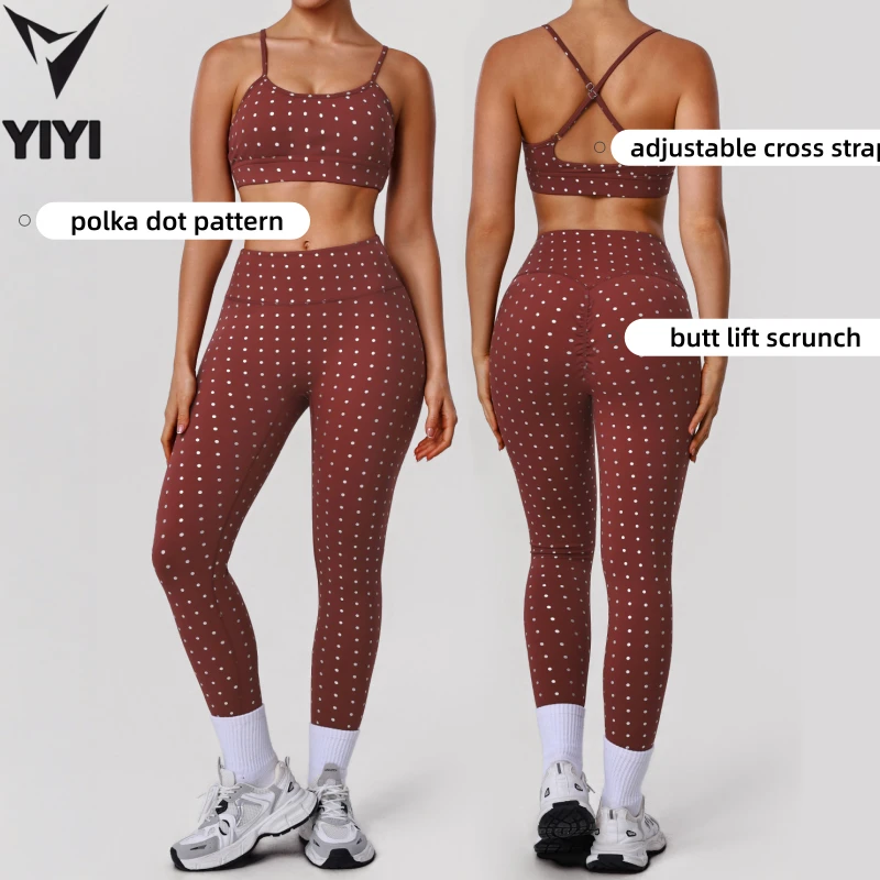 2026 New Style Women Yoga Clothes 2pieces Sets Polka Print Cross Strap Bra High Waist Leggings Gym Wear Fitness Outfits