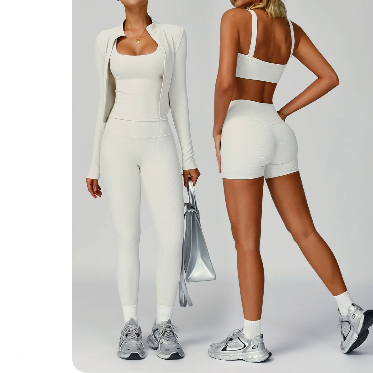 Women's Lightweight Breathable Five-Piece High Waist Tight Yoga Outdoor Sports Set Solid Pattern for Running