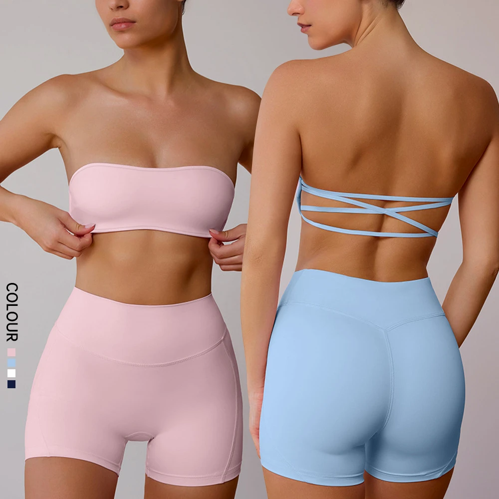 2pcs Shorts And Bandeau Strappy Sexy Seaxi Sports Bra For Girl Big Breast Crop Tops Yoga Active Sets Gym Clothes With Logo