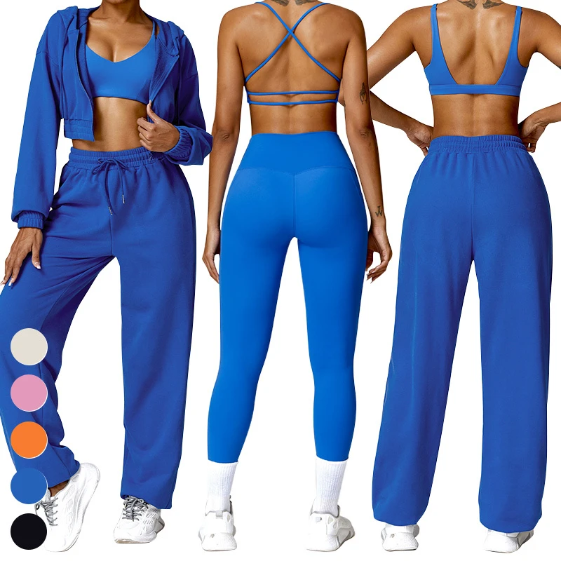 Women's Quick-Dry Sports Bra Leggings Hoody Sweatpants Gym Fitness Set Solid Pattern Yoga Suit-5 Piece Workout Wear