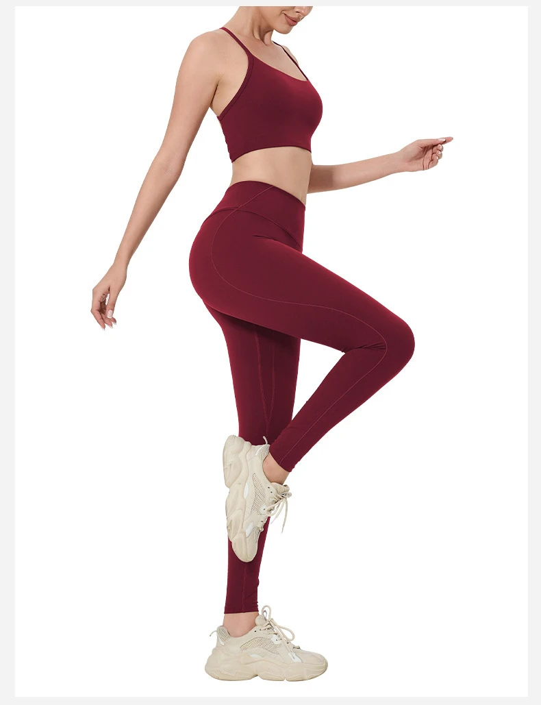 Yoga Fitness Women's Sports Bra Chest Pads Cross Straps Solid Pattern Skinny Fit Waist-Shaping Pants 2-Piece Spring Set