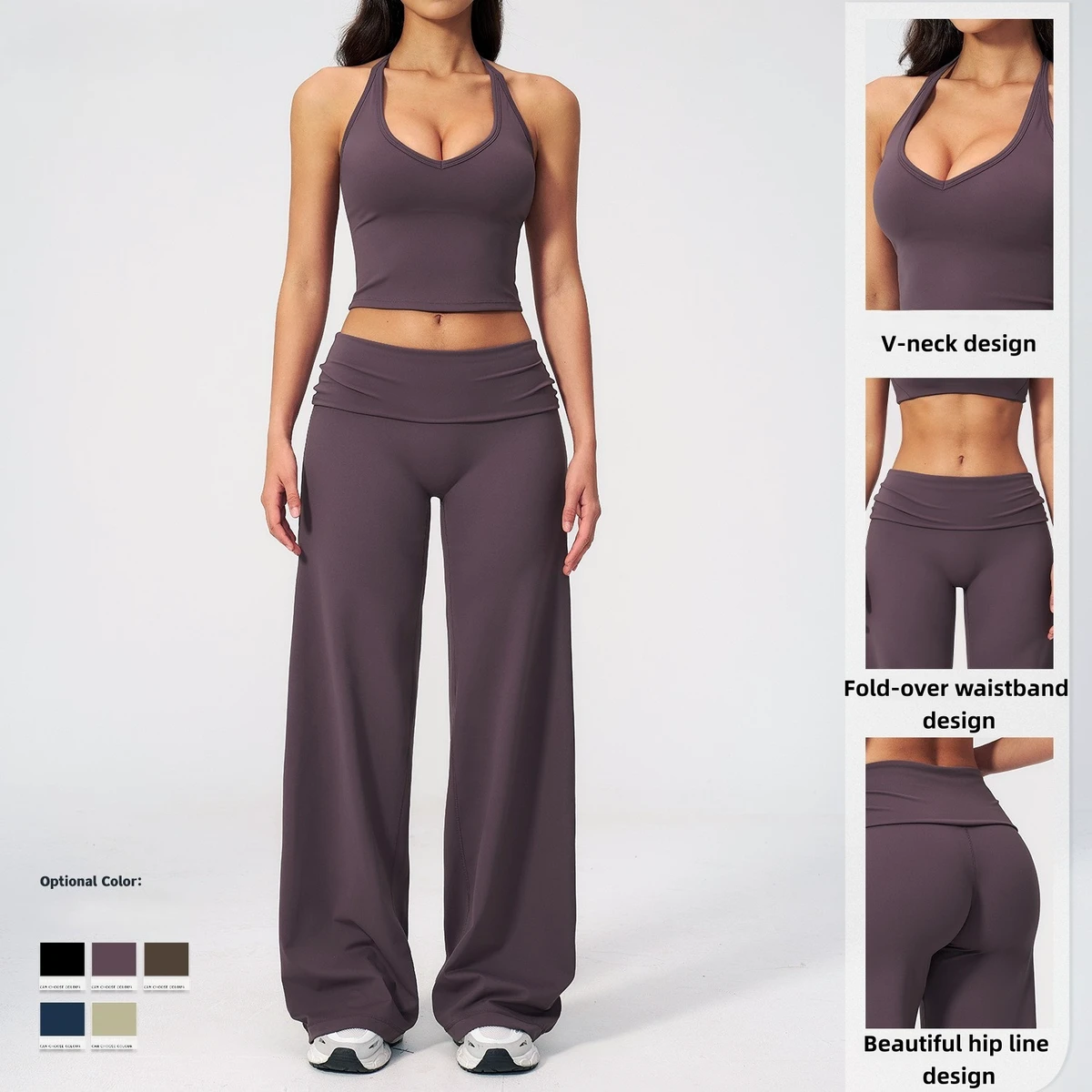 V-neck Halter Strap Backless Four-Way Stretch Spandex/Nylon 2-Piece Fashion Sports Set for Fitness Yoga Running