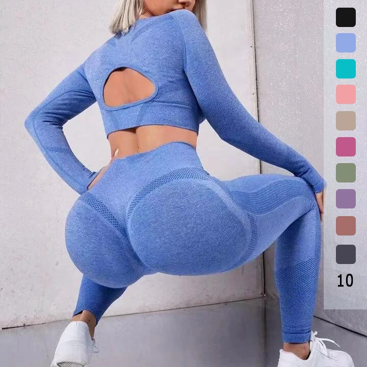 New Sports Clothing Yoga Suit 2PCS for Women Seamless Solid Hollow Out Back Long Sleeve Top High Waist Push up Yoga Leggings Set