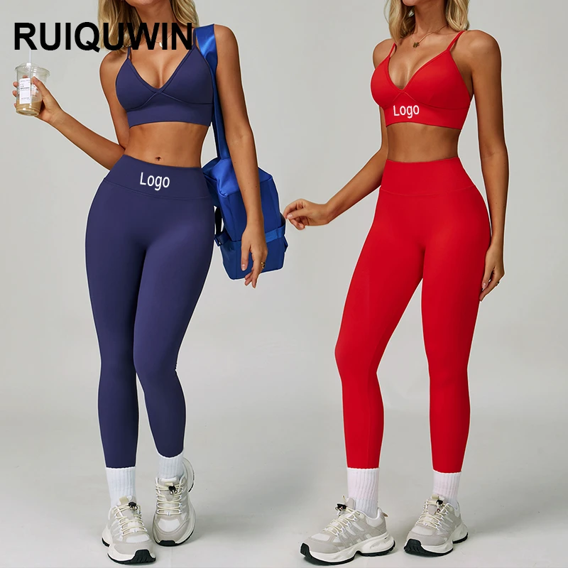 RUIQUWIN 2026 Hot Sale Women's Yoga Set Seamless High Waist Leggings Backless Sports Bra Running Workout 2 Piece Outfit