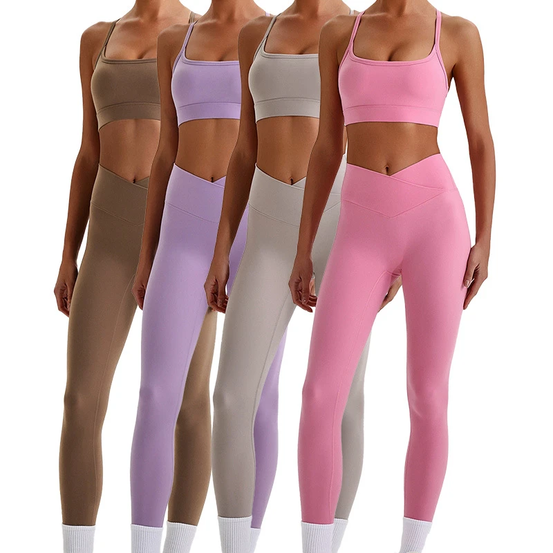 0636 Women Beautiful Y-Back Pilates Fitness Yoga Bra High Waist Moisture-Wicking Leggings Sportswear 2 Piece Yoga Sets