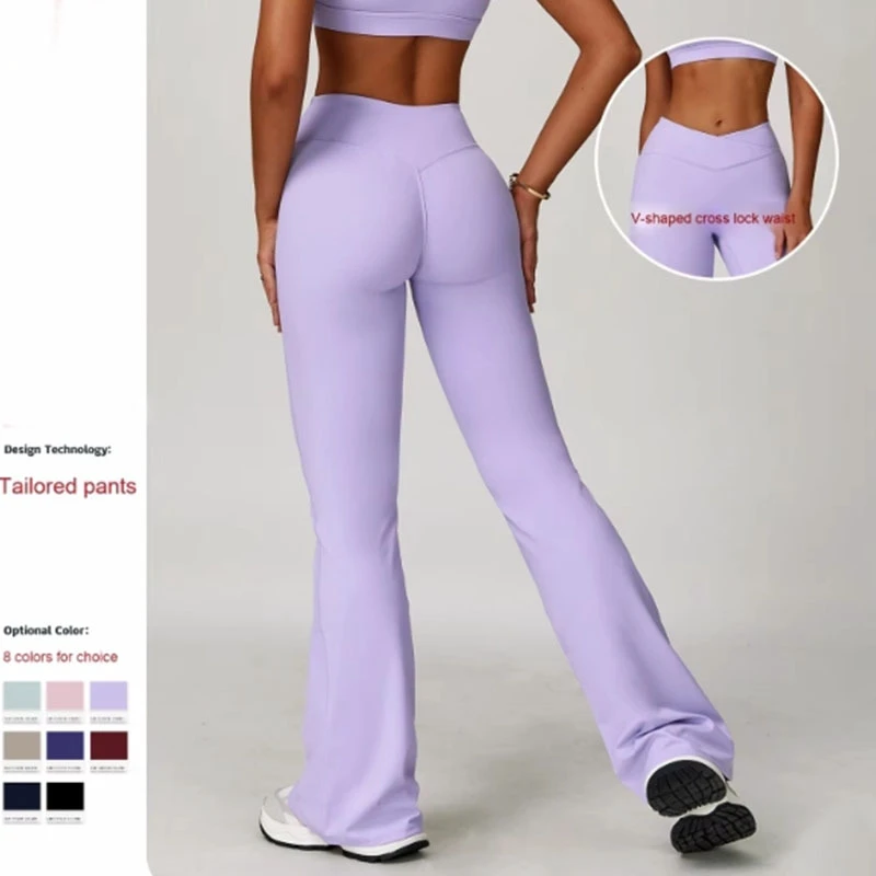 Women's High Waist Cross Sports Yoga Pants Casual Flared Design Elastic Waist Closure Bare Sensation Tight Fit Solid Pattern