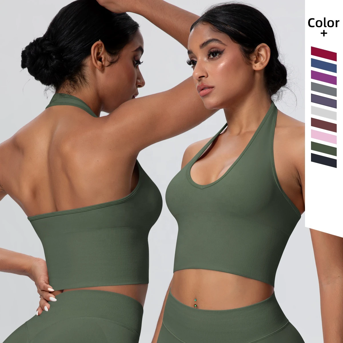 Custom Logo Breathable Beautiful Back Ladies Active Vest Halter Neck Seamless Sports Bra Workout Women's Crop Top