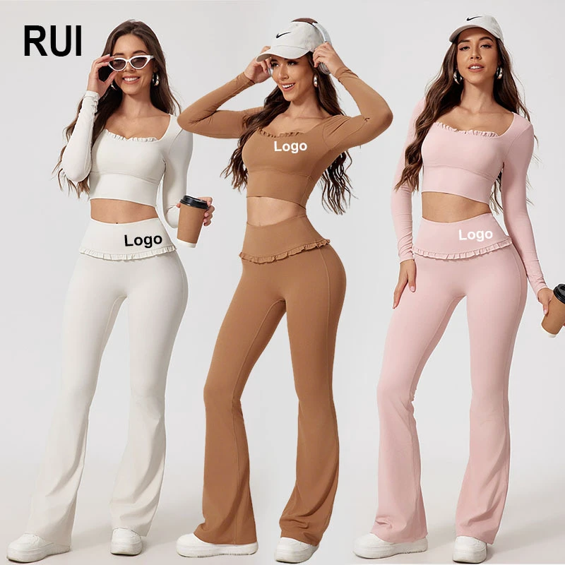 RUIQUWIN Women's Yoga Set Lace 2-Piece Square Neck Long Sleeve Yoga Top High Waist Yoga Pants Lightweight Quick Dry Sportswear